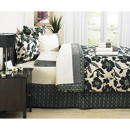 Mainstays Black Floral 8pc Bed in a Bag, Black and Cream - Walmart.com