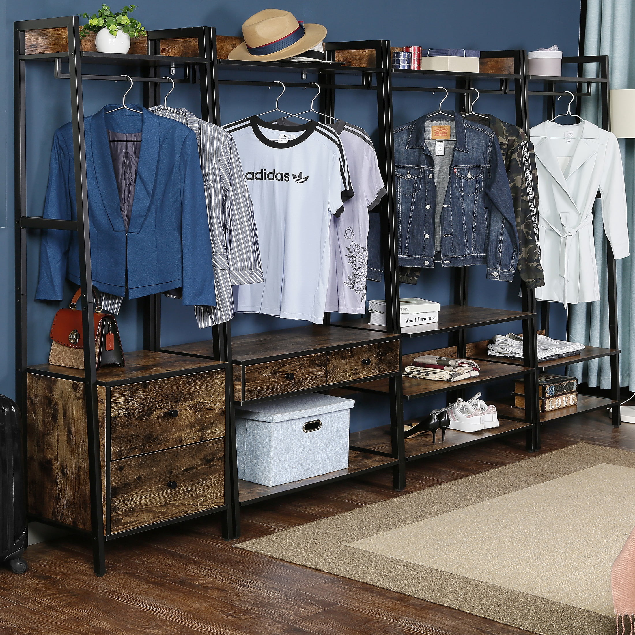 JJS 25.2" Wood & Metal Entryway Coat Rack with Storage Shelves in Rustic Brown