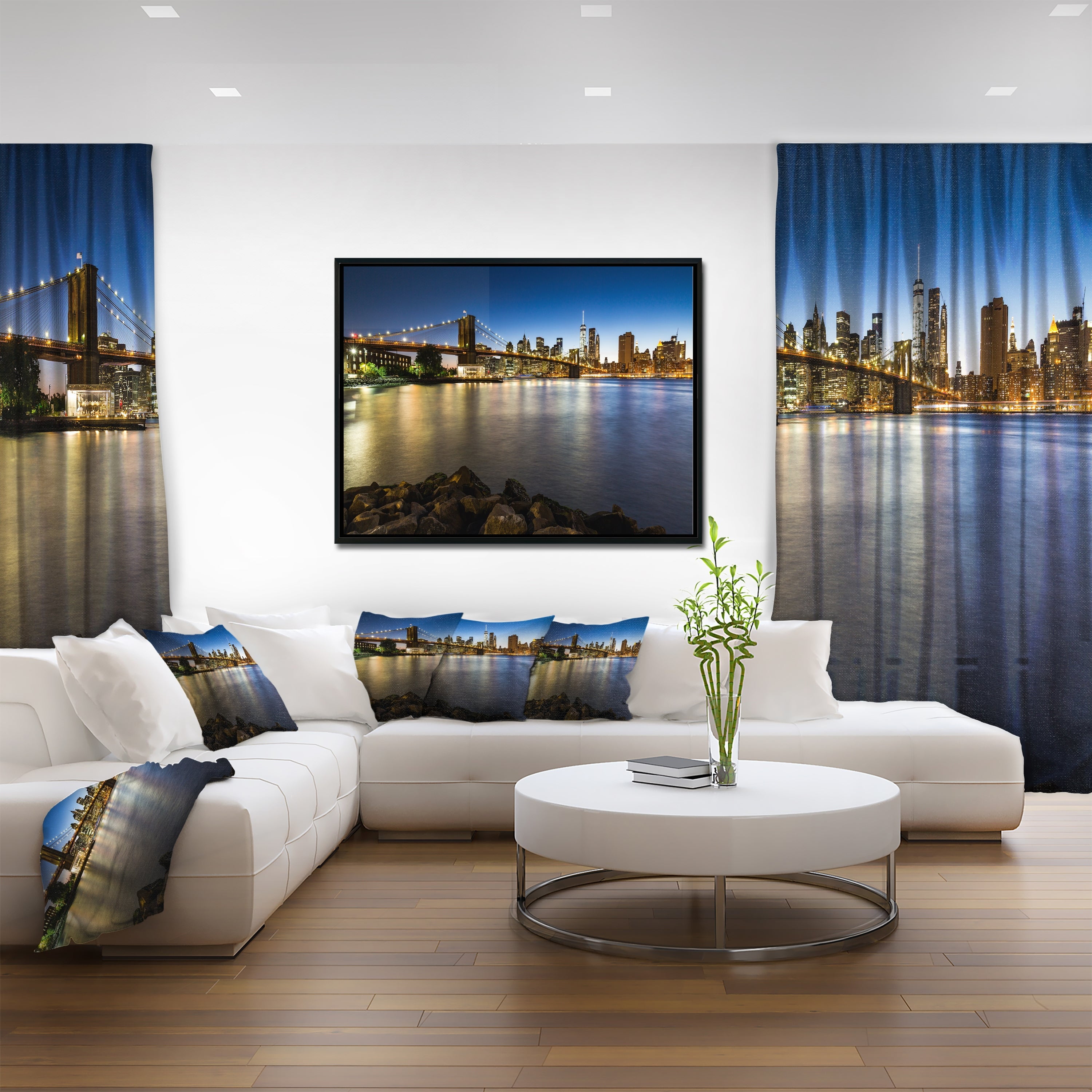 Design Art Distant View of Brooklyn Bridge Framed Canvas Art Print