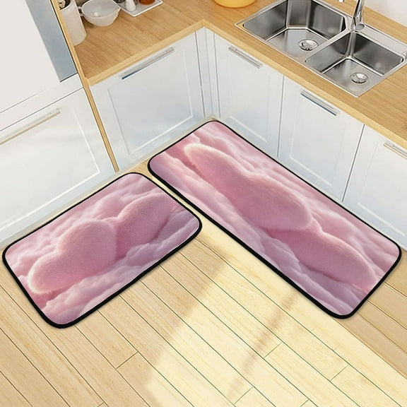 Kitchen Rug Set 2 Pieces Non Slip Kitchen Mat for Kitchen Home Floor Sink 47"x19" 27"x19" Fluffy Pink Heart-shaped