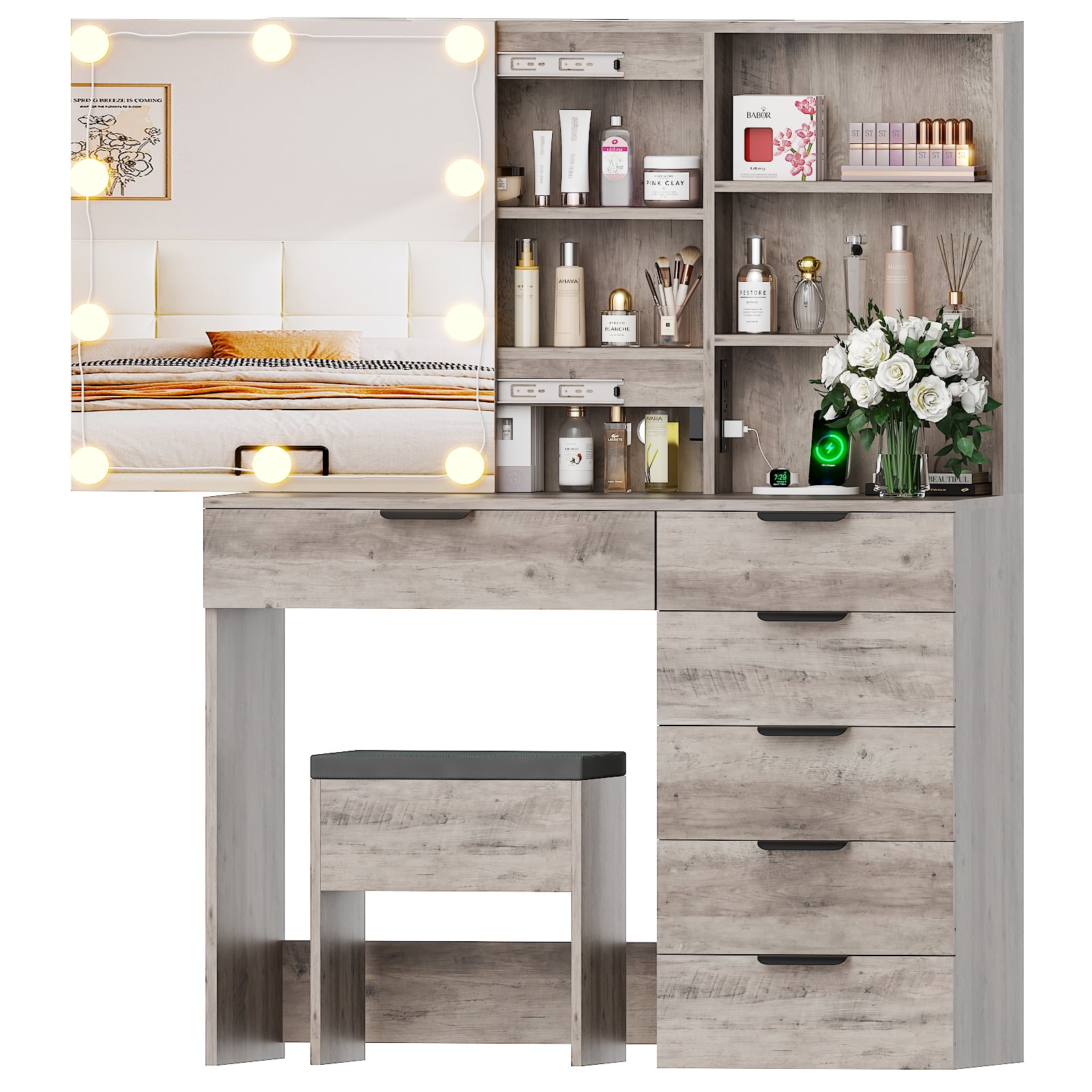 Ktaxon Vanity Table Set with Charging Stationfor Bedroom Makeup Dressing Table with Sliding Mirror,Gray