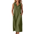 thumbnail image 2 of ClodeEU Women's V Neck Sleeveless Linen Blend Hooded Midi Dress,Casual Loose Fit Dress with Pockets Army Green,Women's Plus L, 2 of 7