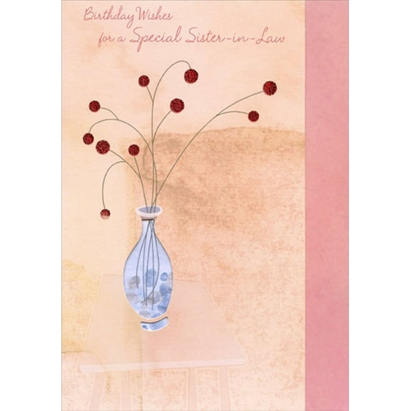 Designer Greetings Vase Shaped Die Cut Window with Thin Stems and Red Circle Flowers Birthday Card for Sister-in-Law