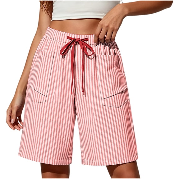 Bermuda Shorts for Women Loose New Women’s Linen Striped Shorts, Elastic Waist Drawstring Casual Beach Bottoms, Loose Knee Length Bermuda Shorts with Pockets Red L