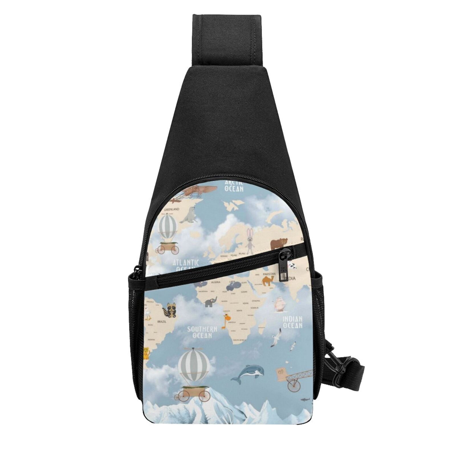 Xecao's Animals Travel World Map Print Sling Bag: A Versatile Chest, Shoulder, and Crossbody Backpack for Casual Days Out, Perfect for Both Men and Women