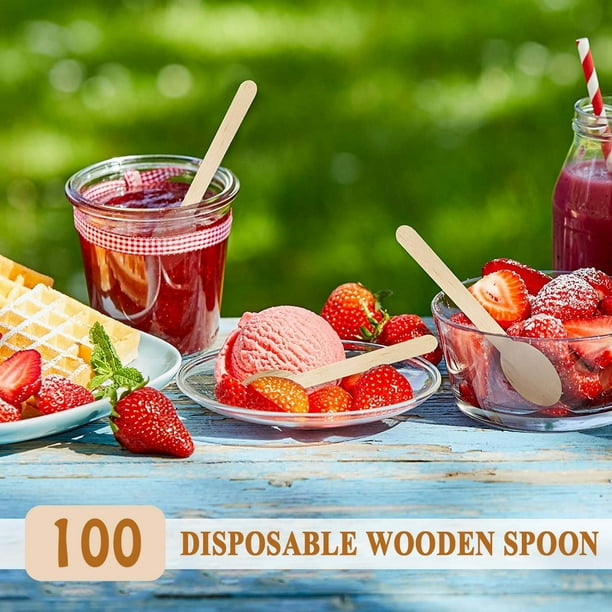 100 Cucharas de Madera, Material Duradero y Ecológico, Insípidas y Seguras para Alimentos, Ideales para Postres y Helados, Ideales para Fiestas y Picnics, Perfectas para Regalar, Tamaño de 1