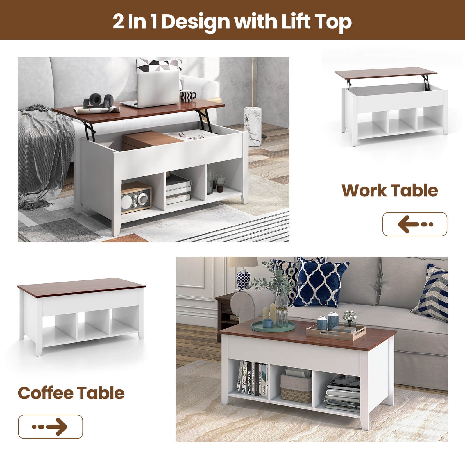Costway Lift Top Coffee Table w/ Hidden Compartment and Storage Shelves Modern Furniture White