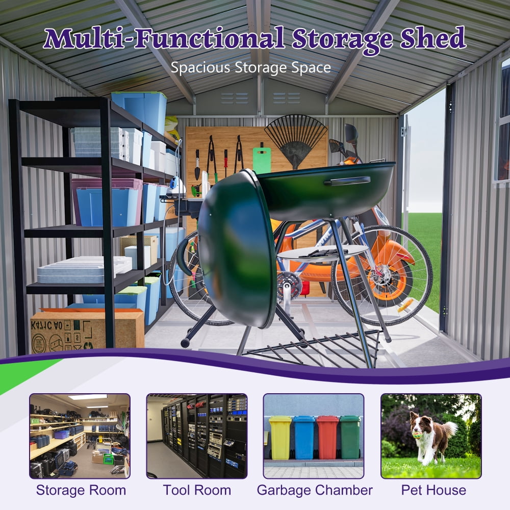 10x8FT Outdoor Steel Storage Shed - Lockable Doors & Clear Window for Garden/Patio Tools