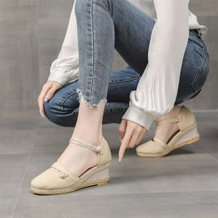 Clearance & Promo Plus-size Linen Sandals  Solid Color Straw  Woven  Wedge Heels  Summer Comfort  Lightweight  For Women  Sandal Shoes  Relaxed Plus Romper|Cloth Beige Sopatenor