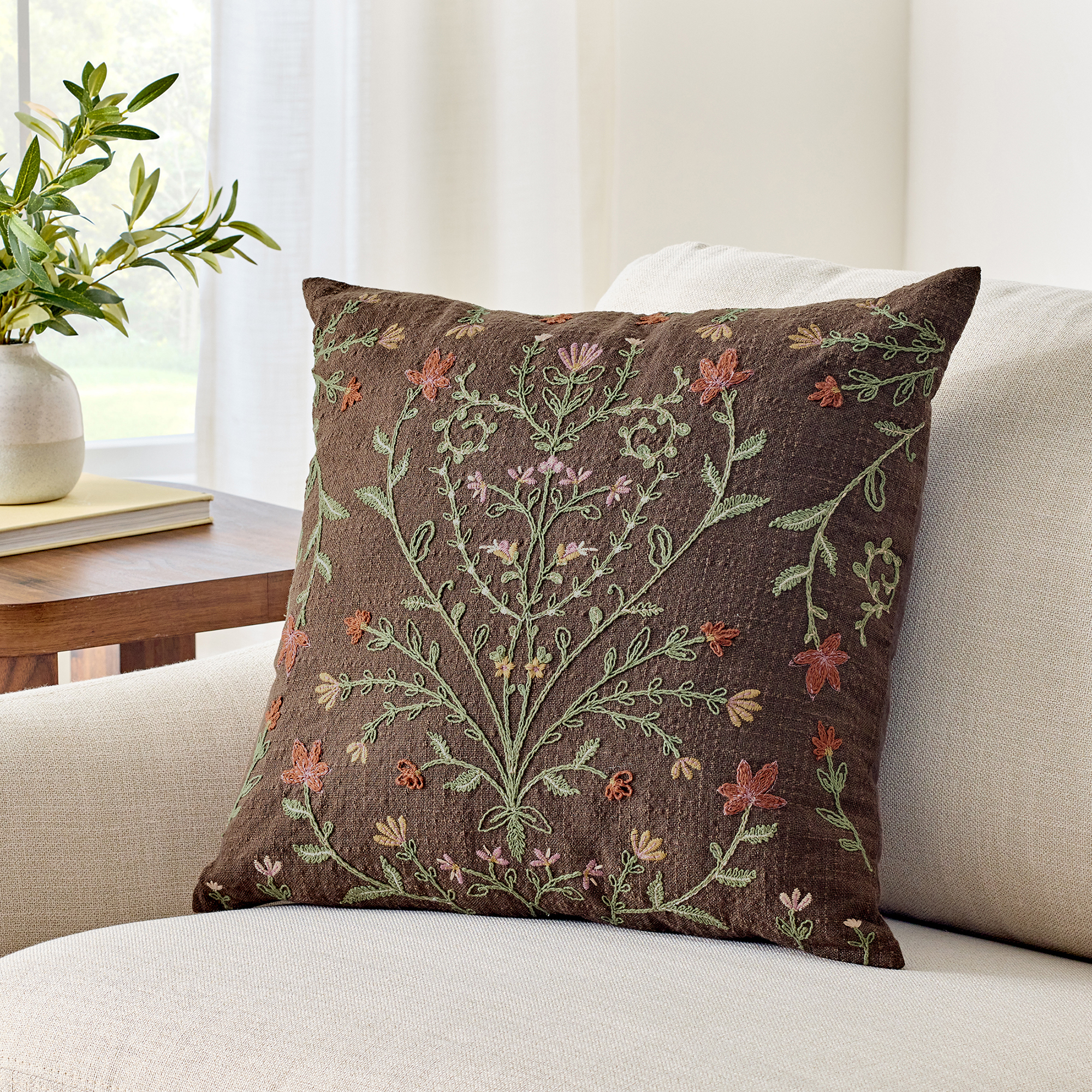 Better Homes & Gardens 20"x20" Brown Floral Embroidery Throw Pillow photo 2
