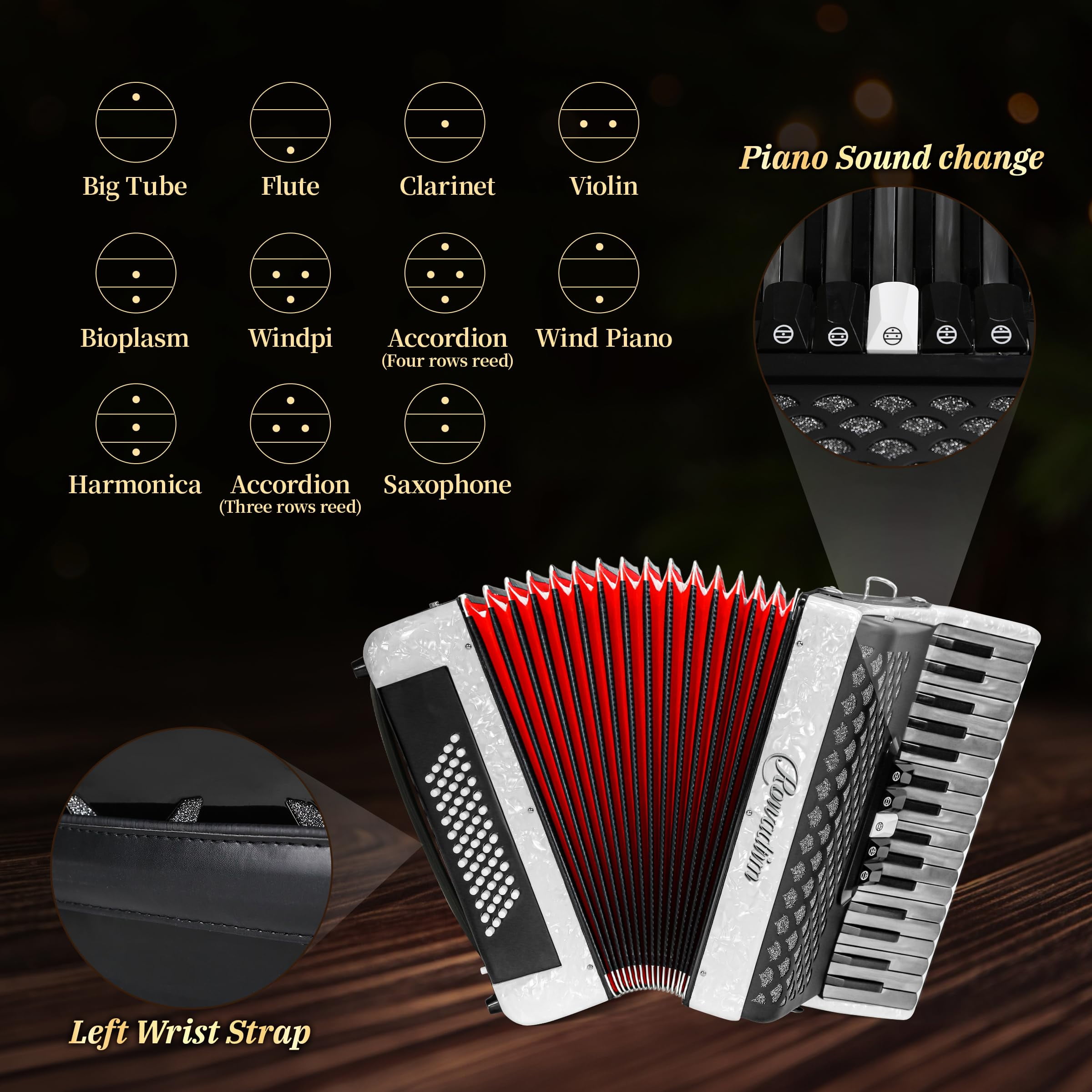 Accordion - 34 Key 60 Bass Piano Style, Lightweight & Portable with Adjustable Strap & Backpack, Perfect for Beginners, Students & Adults