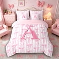 thumbnail image 3 of Meiyoeat Coquette Bow Letter A Bedding Comforter Set 7 Pieces for Girls Kids, Preppy Stripe Full Bedding Set for Nursery, Light Pink White,Pink Reversible, 3 of 6