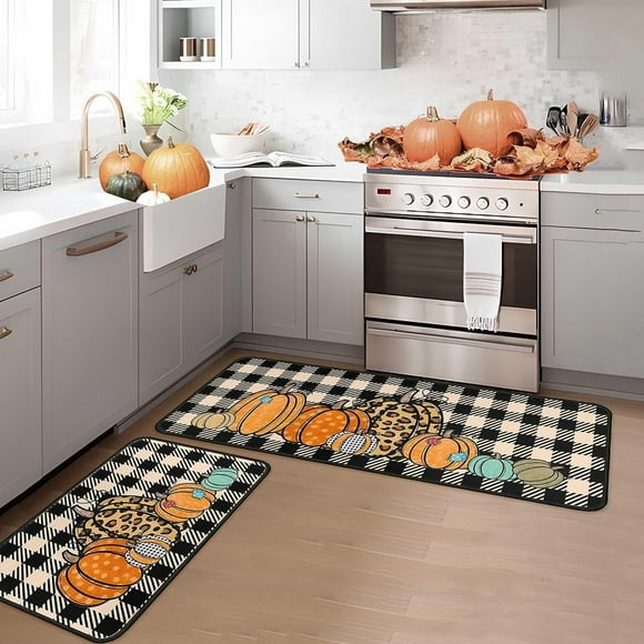 Buffalo Plaid Pumpkin Fall Kitchen Rugs Set of 2,Thanksgiving Autumn Pumpkin Front Door Mat Floor Rug for Fall Home Holiday Party Decor 17"x47"+17"x30"