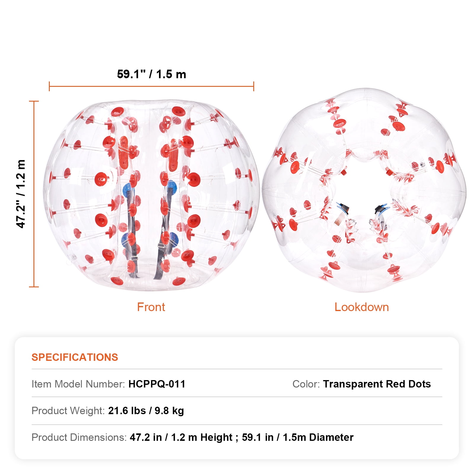 KFFKFF Blow-Up Bumper Sphere Single Pack, 5FT/1.5M Body-Sized Zorb Orbs for Adolescents & Adults, 0.8mm Durable PVC Human-Sized Hamster Bubble Balls for Outdoor Group Fun