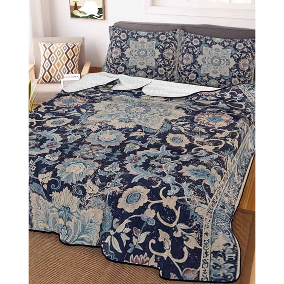 Blue Boho King Size Down Alternative Comforter, Lightweight Comforter Quilt Bedding Set with Pillow Shams Modern Geometric Abstract Art Vintage All Seasons Bed Comforter Duvet Insert 96"x106"