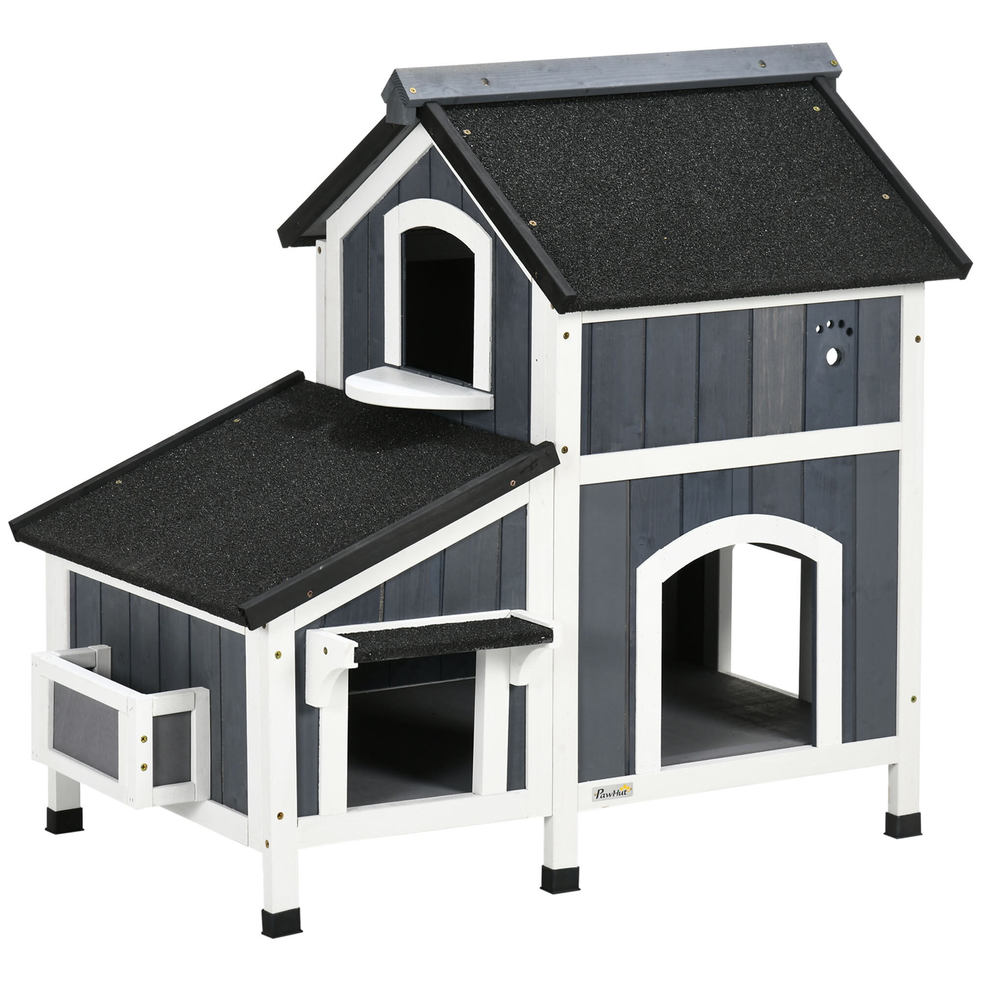 Outdoor Cat House with Weather-resistant Roof & Garden Bed, Large Cat Shelter for Feral Cats, Gray Wooden Hideout