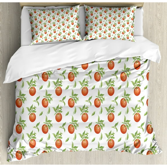 Tangerine Duvet Cover Set Queen Size, Continuous Pattern with Hand Drawn Mandarins on Leafy Branches, Decorative 3 Piece Bedding Set with 2 Pillow Shams, Fern Green Vermilion White, by Ambesonne