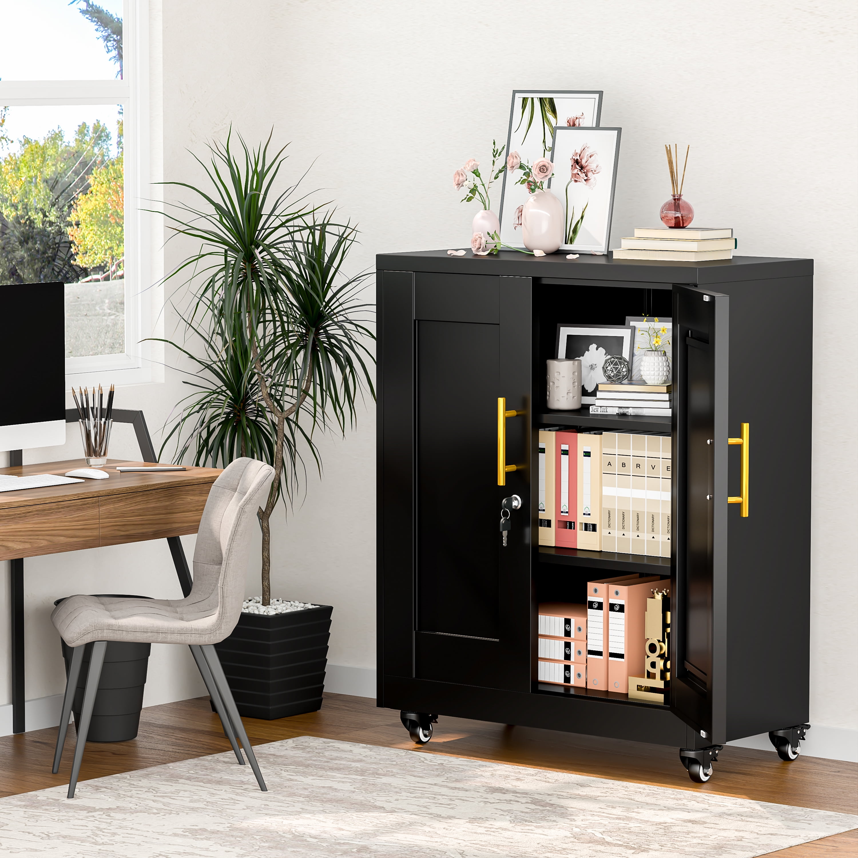 Modern Metal Accent Storage Cabinet with Doors and 2 Adjustable Shelves for Bathroom Home Office Living Room