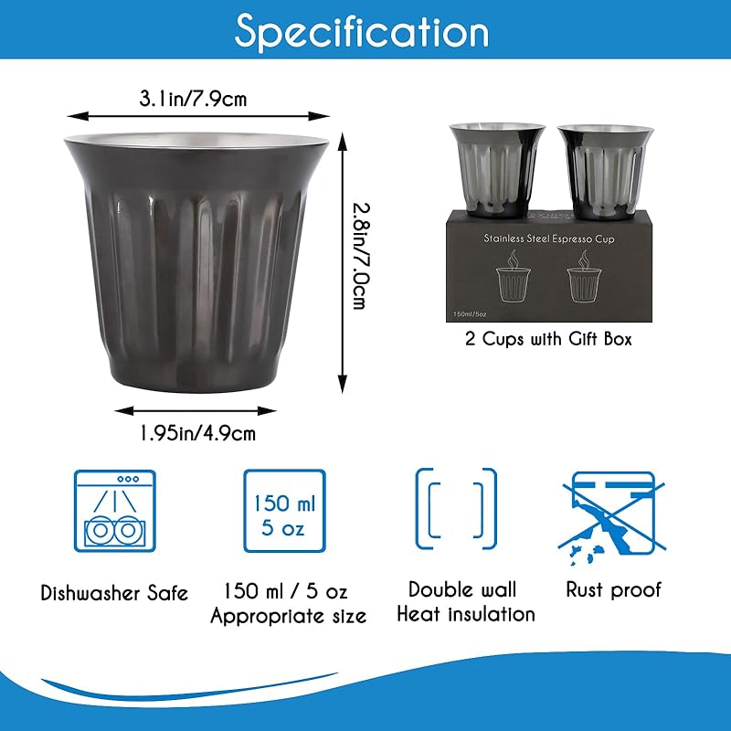 Easyworkz Stainless Steel Double-Wall Espresso Cups 5 oz Set of 2, Vertical Stripe Design, Gunmetal