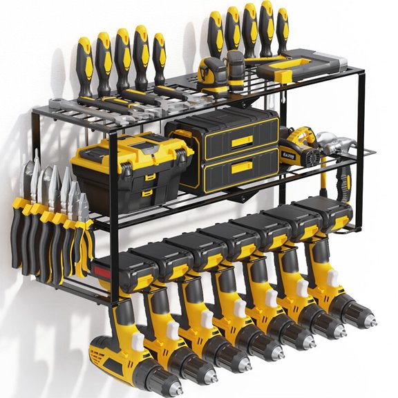 Heavy Duty Metal Power Tool Organizer with 7 Drill Holder, 3-Tier Garage Storage Rack with Pegboard, Workshop Shelf  for Workshop Garage Basement