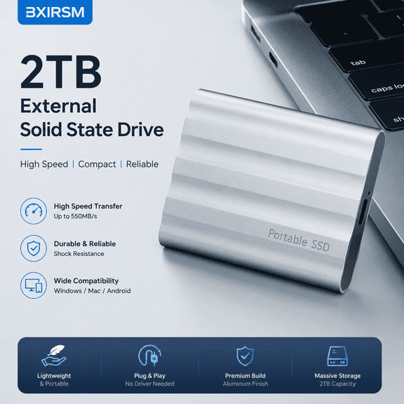 BXIRSM 2TB External Solid State Drive, USB-C High-Speed SSD, 4400Mbps Transfer, Shock-Resistant Metal Enclosure for Data Storage, Backup & Transfer