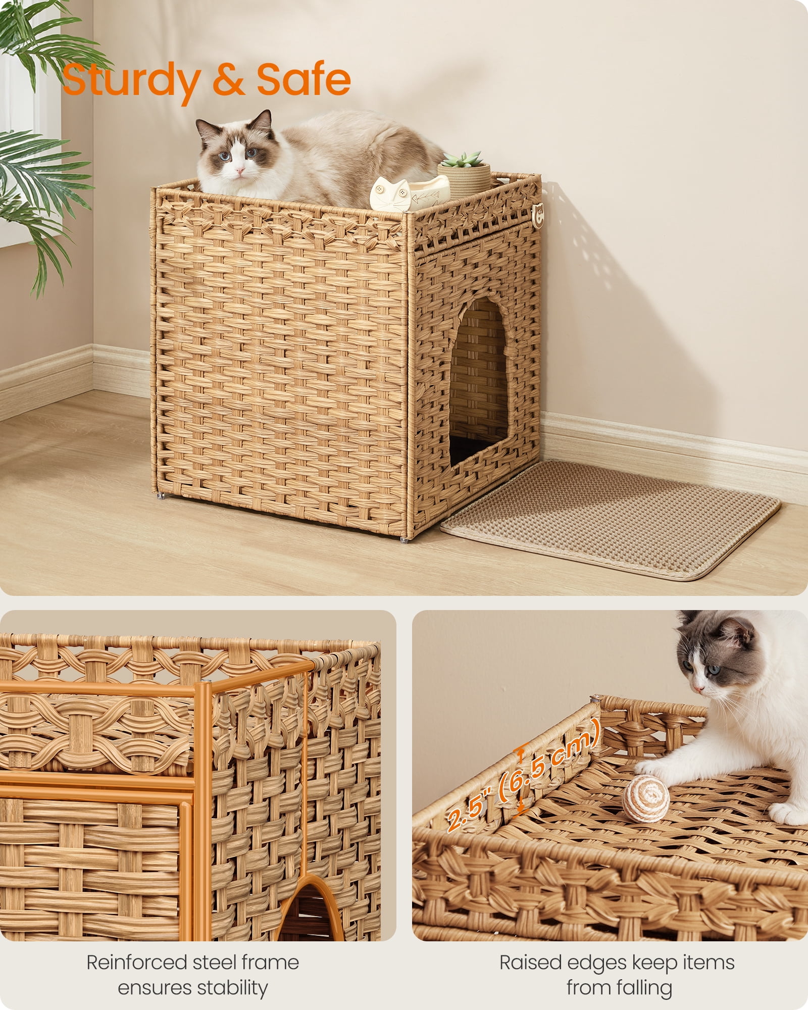 Feandrea Cat Litter Box Enclosure, Handwoven Rattan Hidden Litter Box Furniture with Extra Mat, Removable Washable Tray, Boho Cat House,Goose Yellow