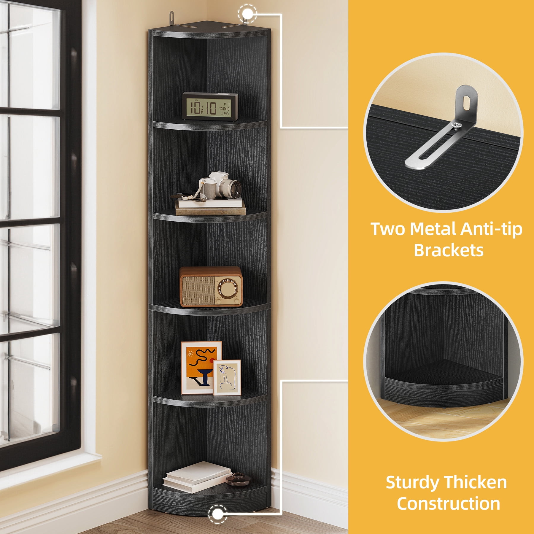 Uforic Tall Corner Shelf, 5-Tier Bookshelf, Modern Corner Bookcase Display Rack Storage Shelves, Black