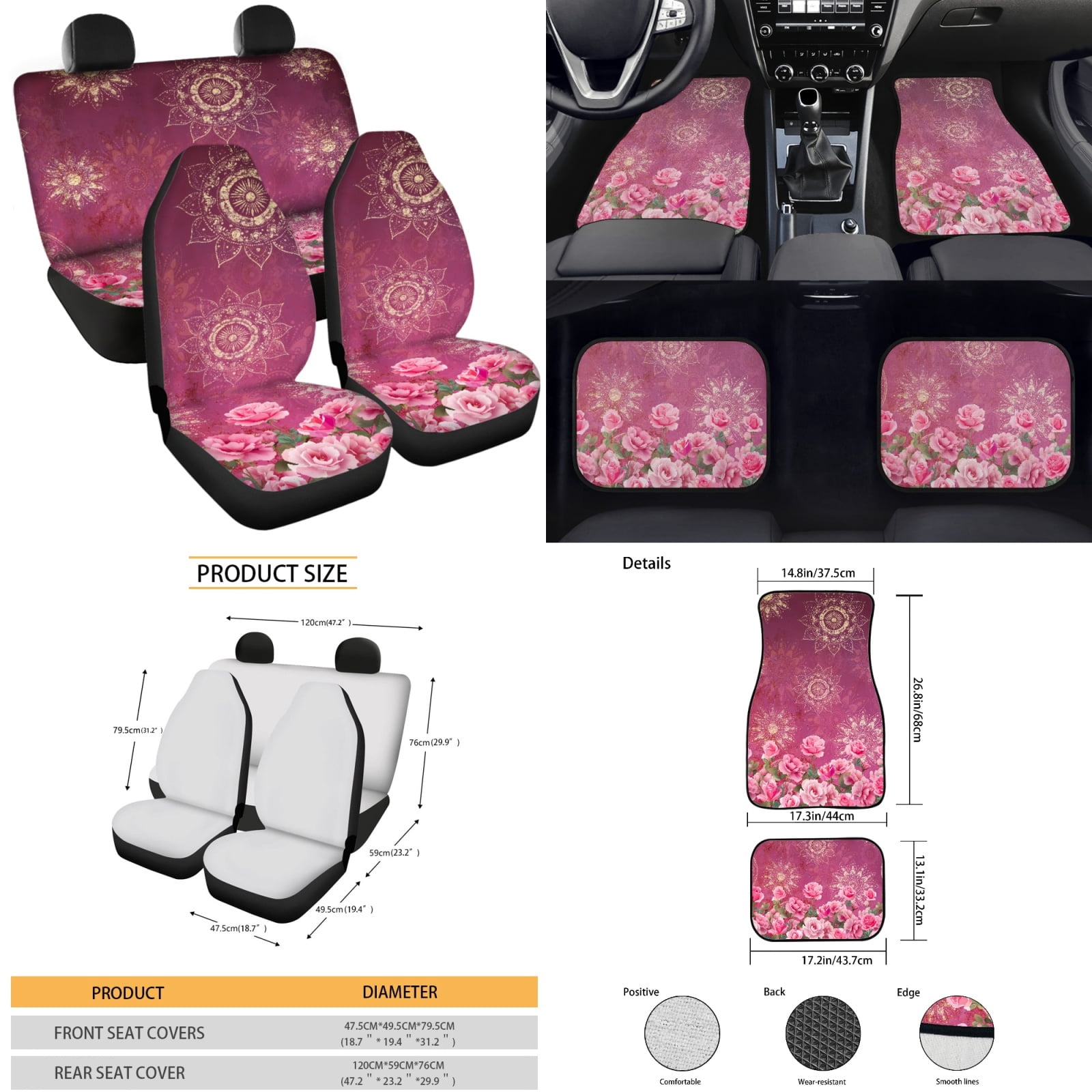 Yuyamidu Boho Flower Auto Seat Cover Set of 15 Pink Rose Car Floor Mats Steering Wheel Cover Seatbelt Pad Cup Holders Handbrake Cover Set for SUV Van Truck