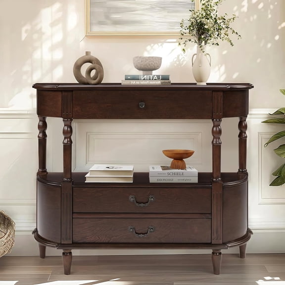 LKTART 52" Half Moon Console Table, Retro Curved Entryway Table with 3 Drawers & Open Shelf, Solid Wood Pine Legs, Espresso for Living Room Foyer