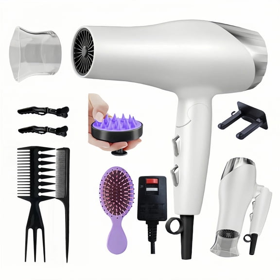Foldable Hair Dryer with 8 Accessories | Compact Design for Home & Travel | Fast Drying Gift Set for Women/Men，White