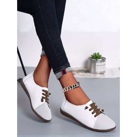 Women's Two-Tone Genuine Leather Casual Shoes - Comfortable Slip-On Flat Walking Shoes with Brown Laces