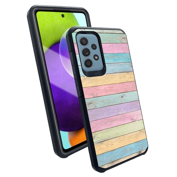 ANJ  Slim Dual Layer Shockproof Case   Tempered Glass Cover for Samsung Galaxy A52 5G - Pastel Planks