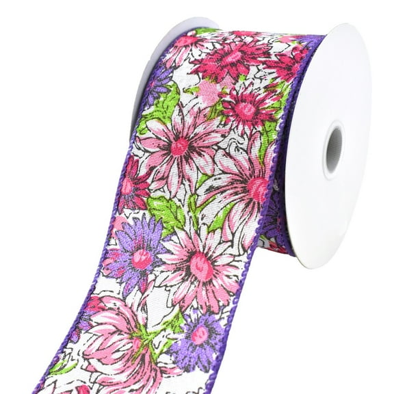 Lined Daisies Faux Linen Wired Ribbon, 2-1/2-Inch, 10-Yard, Purple
