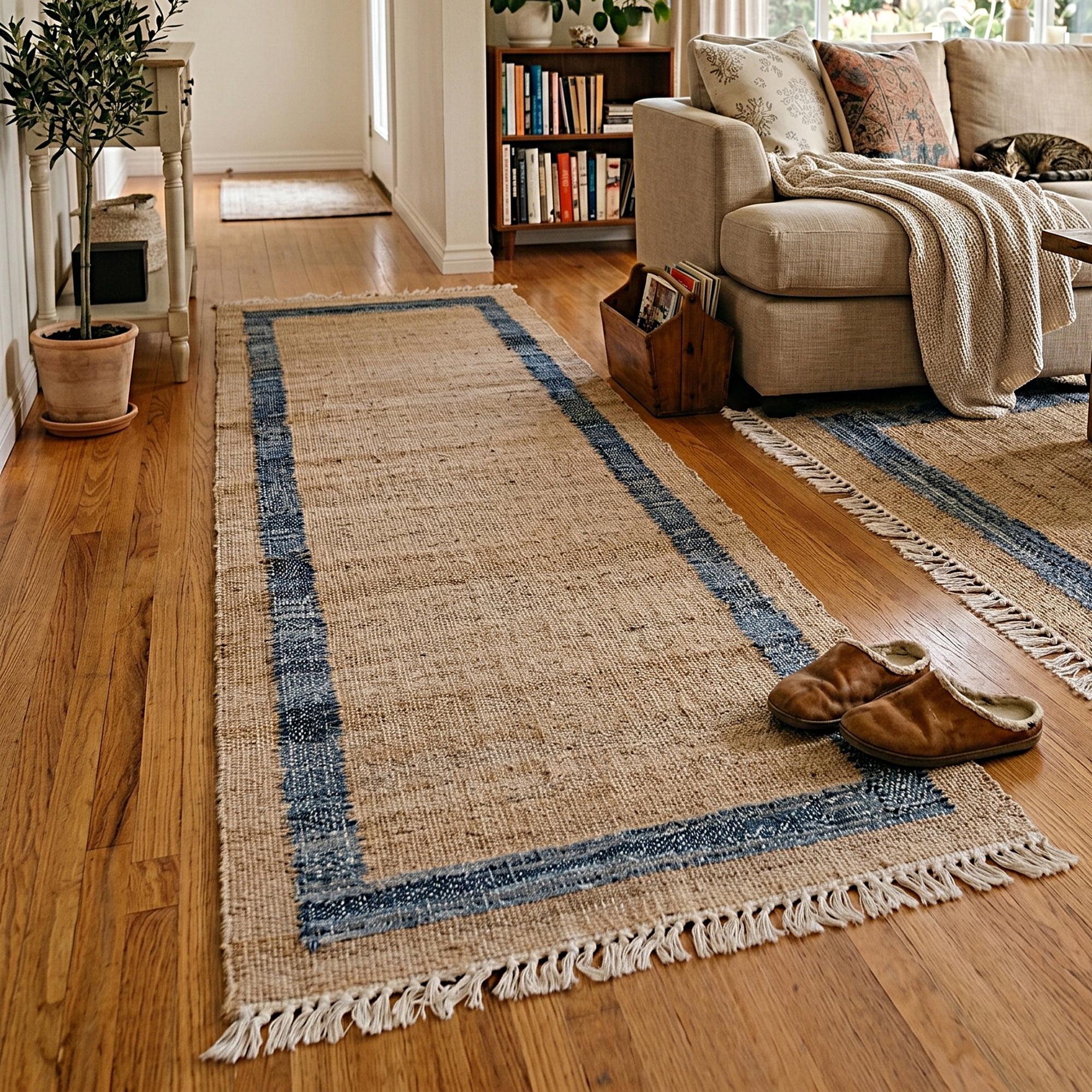 The Pioneer Woman Denim Jute Runner Rug, Natural with Blue Border, 30 in x 96 in