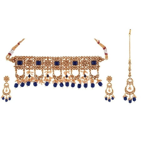 Efulgenz Indian Jewelry Choker Necklace Maang Tikka Earrings Bollywood Wedding Crystal Kundan Necklace Earrings Head Chain Set