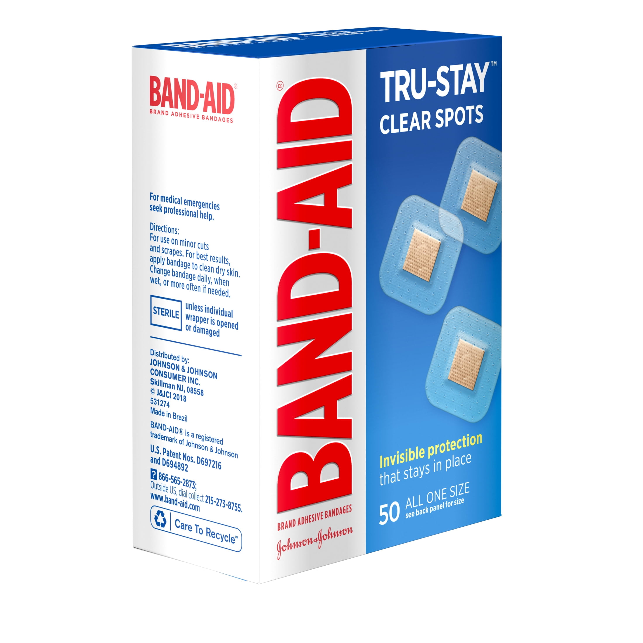 Band-Aid Brand Tru-Stay Clear Spots Square Bandages, One Size, 50 Count