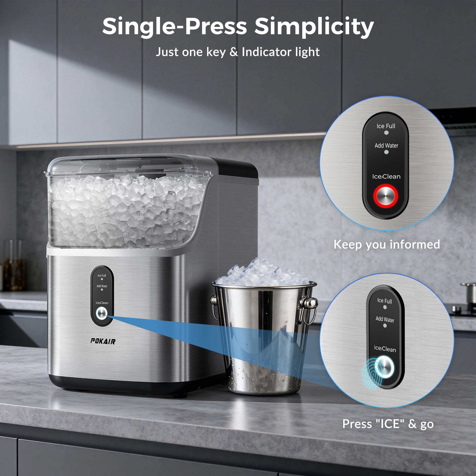 POKAIR Nugget Ice Maker Countertop, Sonic-Style Chewable Pebble Ice in 9 Min, 33 lbs/Day, Self-Cleaning, One-key Control, ETL, Brushed Stainless Steel