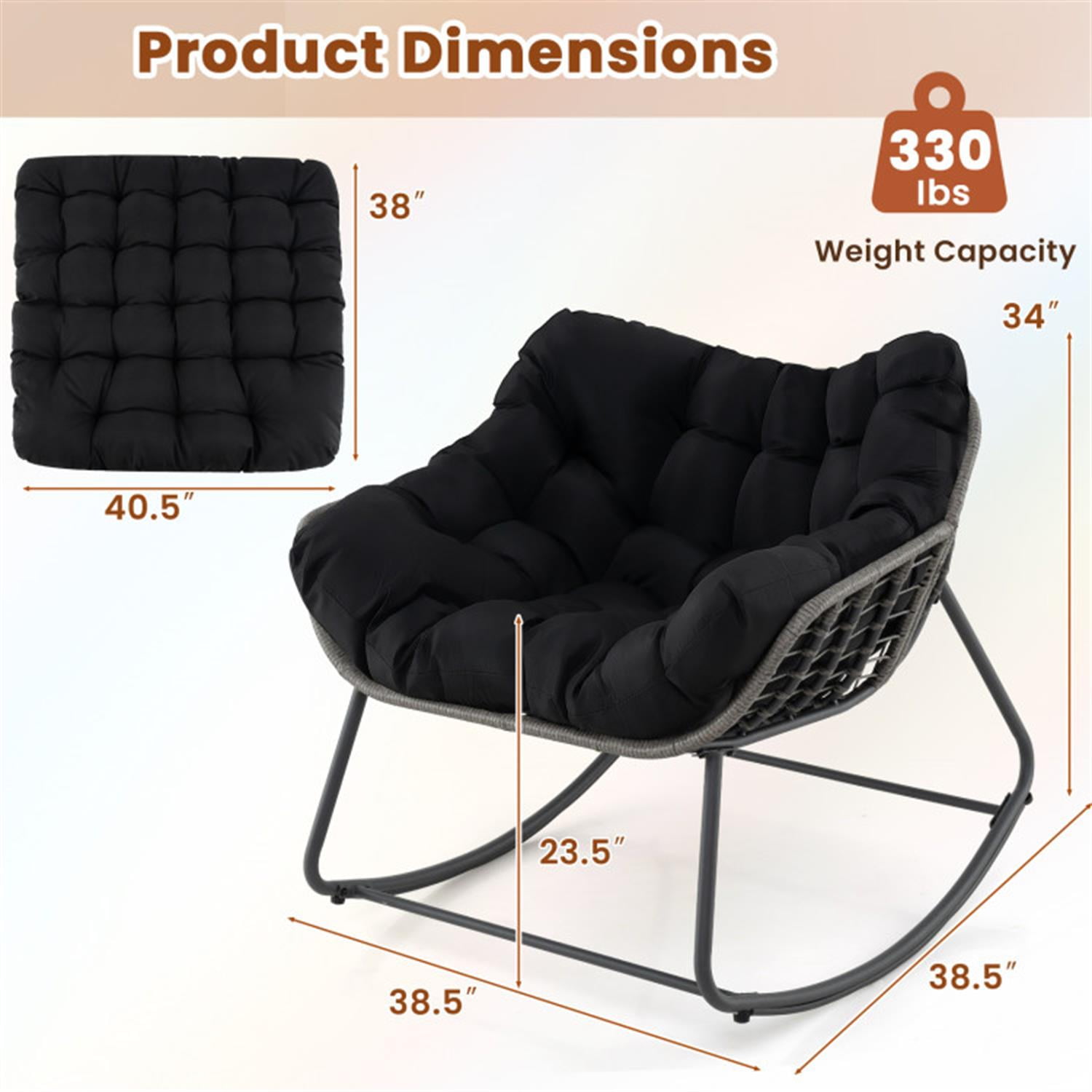 Demi Bonn Outdoor Rocking Chair Oversized Patio PE Wicker Egg Chair with Cushion, Patio Accent Furniture Fire Pit Lounge Chairs for Yard, Garden, Black