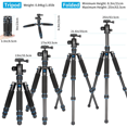 thumbnail image 3 of Koolehaoda Mini Tripod Aluminum Alloy Tabletop Tripod Height 21-63.5cm with Carrying Bag for DSLR Camera Video Camcorder, Load up to 22lbs /10kg - (TMP-223 Blue), 3 of 8