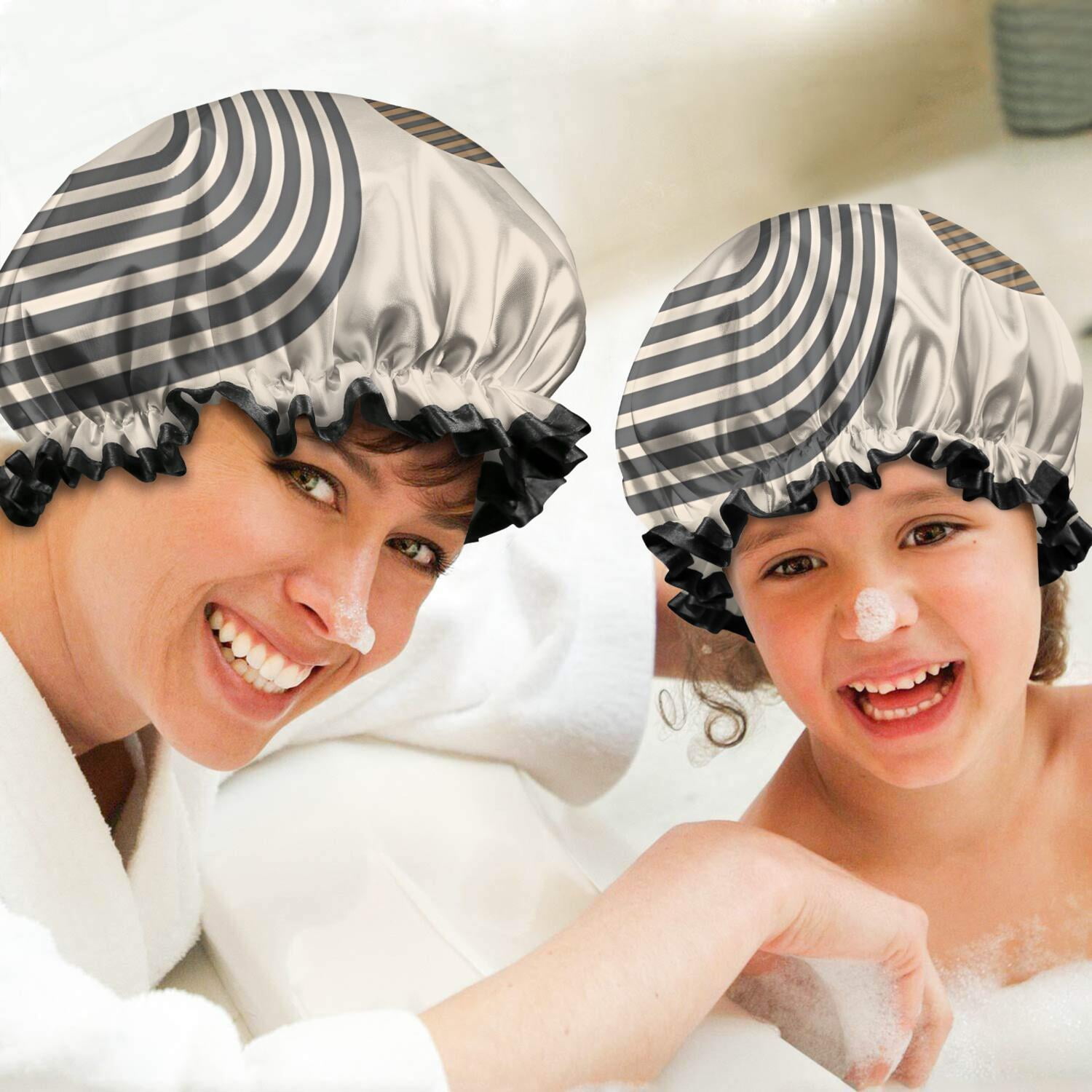 Shower Caps,Brown Boho Geometric Pattern Waterproof Shower Cap for Women 4 Pieces,Double Reusable Hair Cover for Shower PEVA Elastic Stretch Hem