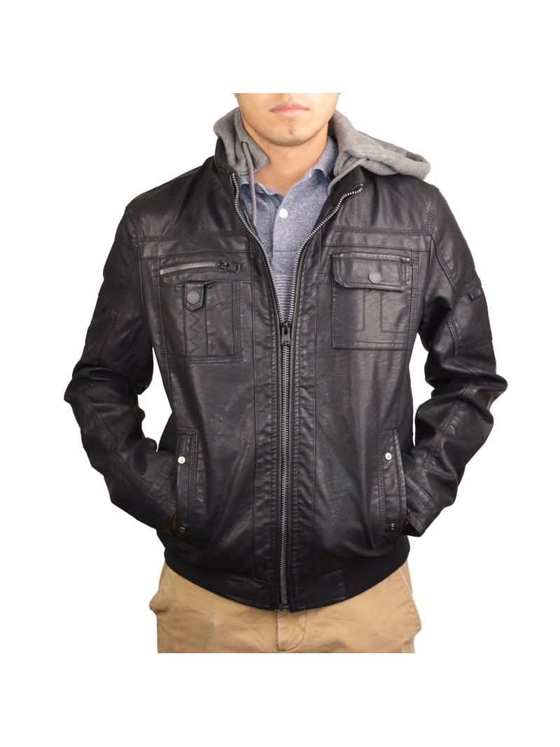 Men's Faux Leather Hooded Motorcycle Bomber Jacket with Removable