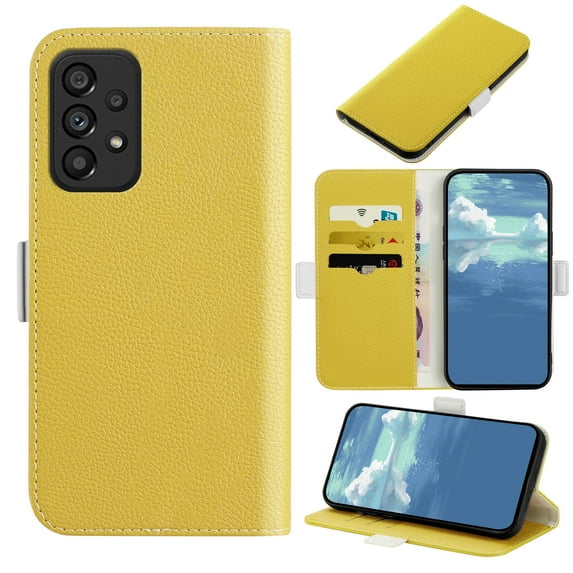 Allytech for Samsung Galaxy A72 Wallet Case, Lychee Texture Leather Card Cash Slots Holder Magnetic Flip Folio Phone Cover,Yellow