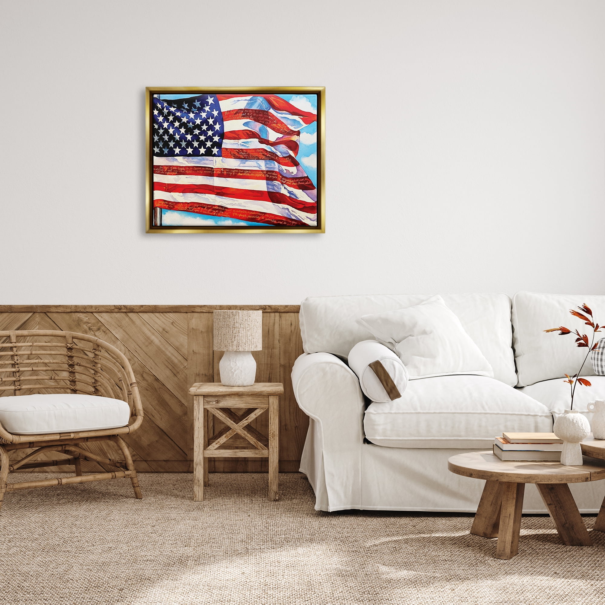 Stupell Industries Windblown American Flag Inspirational Painting Gold Floater Framed Art Print Wall Art, 31 x 25