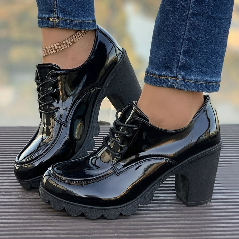 LOVZFMLL Women's Chunky Heel Platform Lace Up Vintage Oxfords