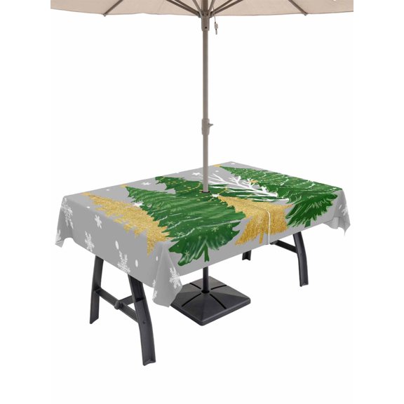 Outdoor Tablecloth with Umbrella Hole and Zipper, Grey Christmas Tree Rectangle Table Cloth 60x84 Inch Waterproof Tablecloth, Green Golden Xmas Tree Snowflake Winter Picnic Table Cover for Patio