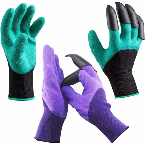 Guantes de jardín con garras en la mano derecha para cavar, palma y dedos de goma de látex duraderos, muñeca de punto ceñido, ajuste ceñido Agarre de punto, 2 pares verde y morado para jardinero