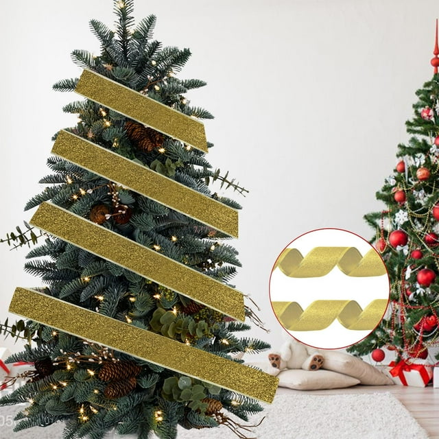 Cintas Cinta dorada navideña de 2 m con diseño de árbol de Navidad para envolver regalos y decorar en Navidad (1 unidad) Rkxzt