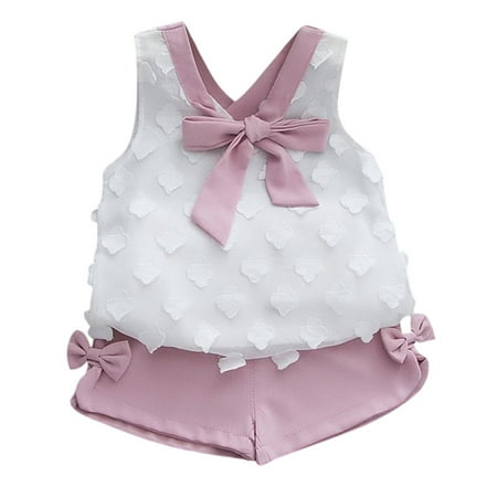 

Youmylove Toddler Kids Baby Girls Outfits Summer Clothes Bowknot T-Shirt Vest + Shorts Set Baby Summer Autumn Clothing