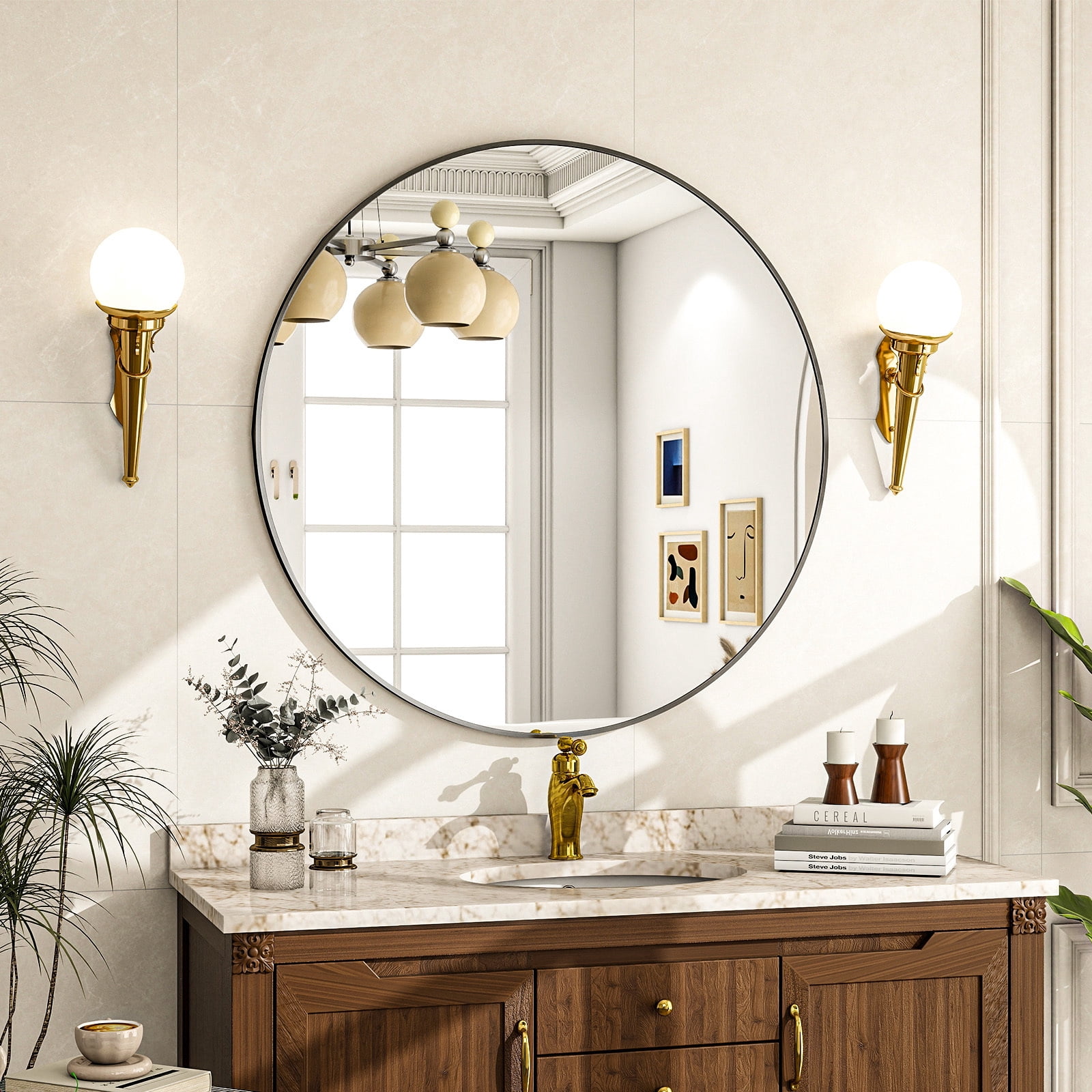 AUROMIR‌ 36" Bathroom Mirror Round Mirror Wall Vanity Mirror with Metal Frame, Black