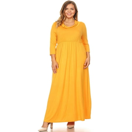 - MOA COLLECTION Women's Plus Size Casual Solid Loose Fit 3/4 Sleeve Cowl Neck Pleat Long Maxi Dress